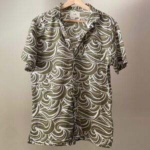 Folk Men’s Linen Cotton Short Sleeve Button Down Shirt Size 3 Medium Green Waves